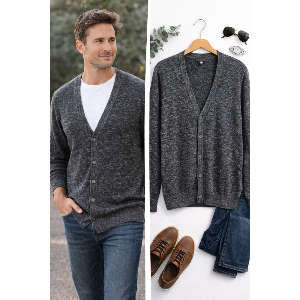 New Saks Fifth Avenue Mens Sweater Size Large Charcoal Cardigan Knit Long Sleeve